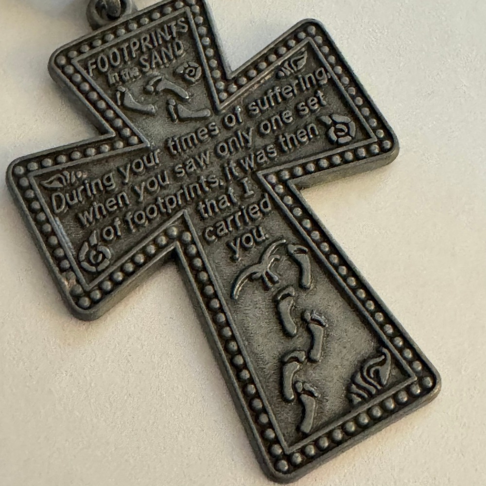 Footprints In The Sand Cross Religious Silver Tone Keychain Christian Gift